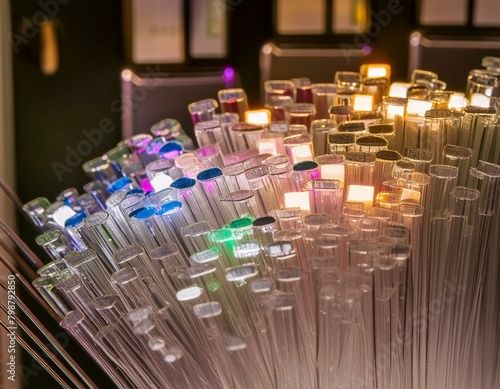 a close-up macro image of multicolored vibrantly glowing optical fiber. Abstract background