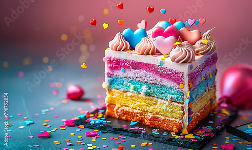 Vibrant Rainbow Layered Cake with Heart Toppings, Colorful Sprinkles - Sweet Celebration, Birthday, Anniversary Dessert photo