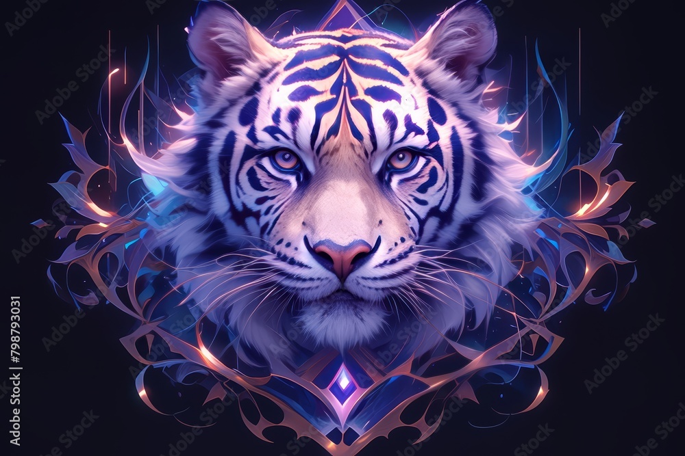 A colorful tiger with an artistic pattern on its fur, illuminated by neon lights against the dark background.,i