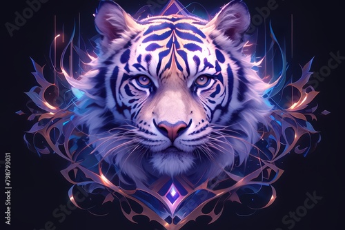 A colorful tiger with an artistic pattern on its fur  illuminated by neon lights against the dark background. i