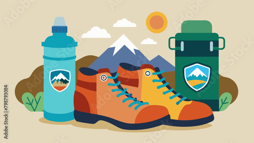 Worn out hiking boots and water bottles covered in stickers from national parks commemorate the familys first successful road trip filled with