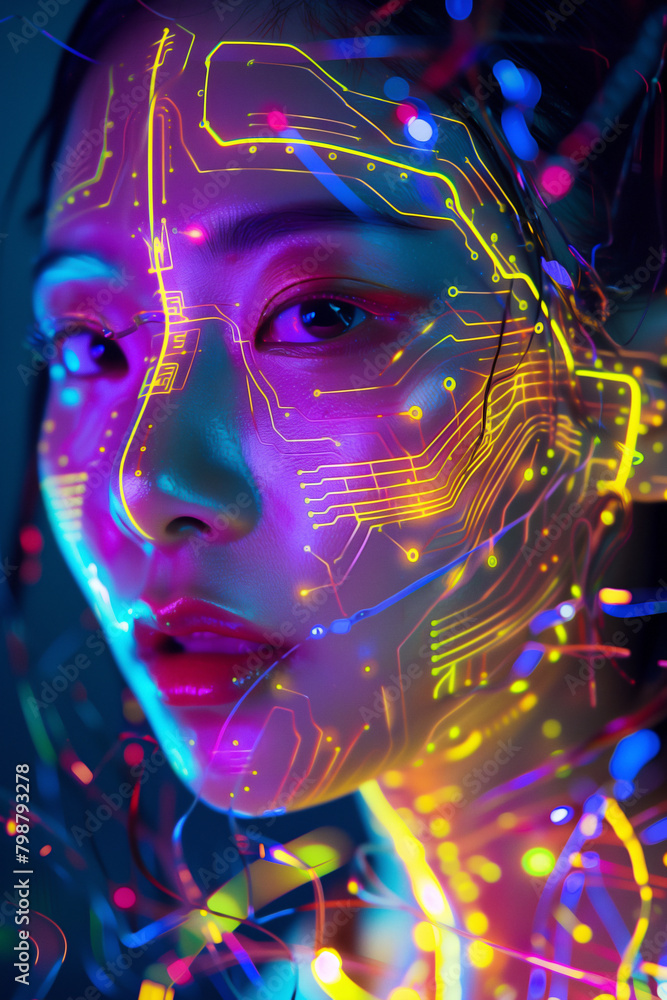 Asian girl with Colorful glowing neon circuit traces in their skin wearing an intricate futuristic technological Asian girl with Colorful glowing neon circuit traces in their skin wearing an intricate futuristic technological