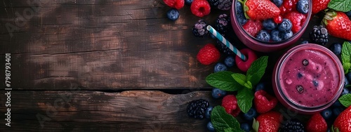 Healthy berry smoothie in a jar on a wooden table, Generative AI, photo