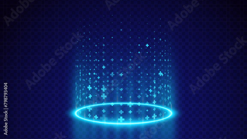 Level Up and Healing Aura Game Effect. Plus Signs Lighting and Bright VFX Aura. Glowing Neon Energy. Teleport Circle Effect. Vector Illustration.