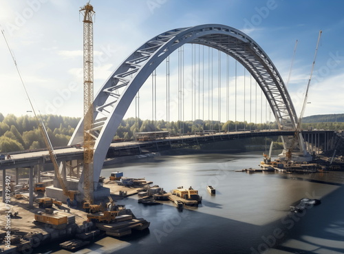 Construction of a large arched bridge. Bridge, panoramic view of the bridge under construction across the reiver, clear weather, summer. photo