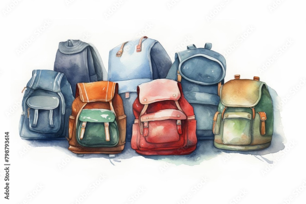 Naklejka premium Backtoschool backpacks watercolor, packed backtoschool backpacks watercolor