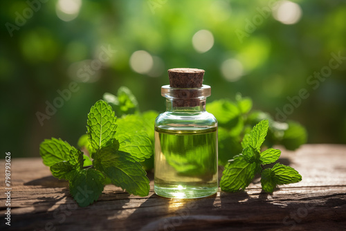 A bottle of Peppermint aromatherapy essential oil on natural background