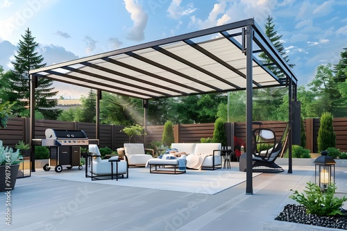 Trendy outdoor patio with pergola awning lounge grill and landscaping