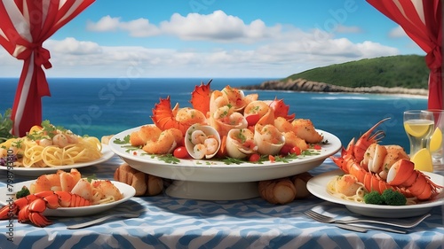  An artistic interpretation of a picnic table adorned with colorful plates of stuffed lobster tails, zesty seafood pasta, and decadent grilled scallops, all set against a backdrop that subtly hints at
