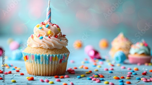 Scrumptious cupcake with sprinkles and lit candle against blurred background.