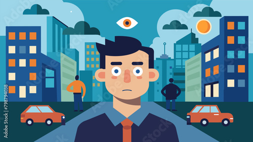In a busy city street a man stares off into the distance his eyes glazed over as he receives news updates and weather reports streaming directly into.