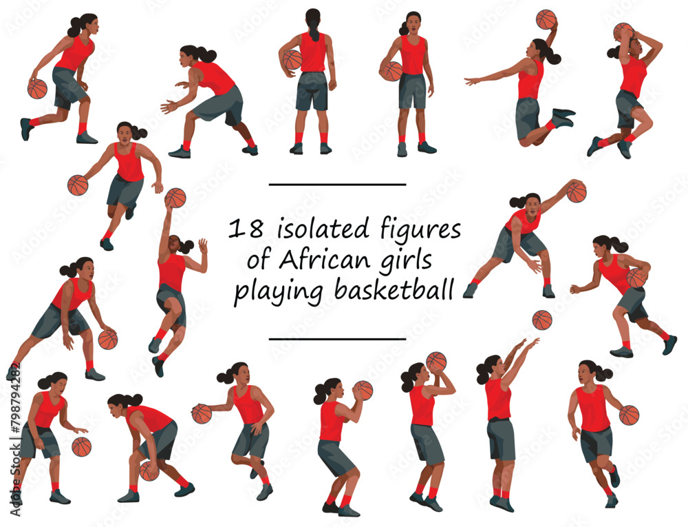 18 African women's basketball girl players in red shirts standing with the ball, running, jumping, throwing, shooting, passing the ball