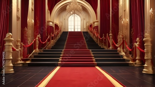 Presentation with red carpet Red Event Carpet, Stair and Gold Rope Barrier Concept of Success and Triumph, an extravagant event setup featuring a vibrant red carpet, grand staircase, and elegant gold  © Sabir