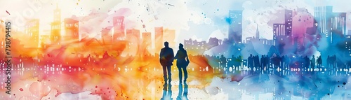 Aquarelle painting of a couple walking away from the viewer with a colorful cityscape in the background. photo