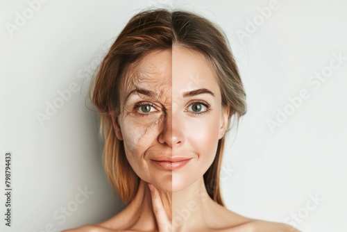 Treatment contrasts exercise benefits with age repair techniques, showcasing realistic facial features in aging and skincare comparisons.