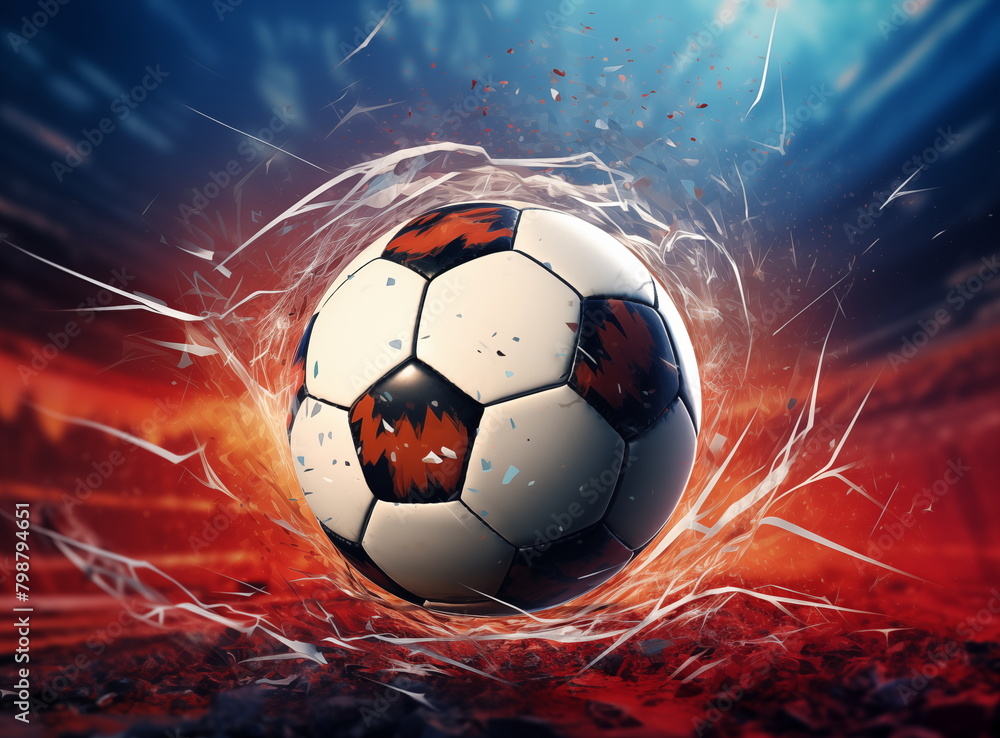 Fototapeta premium Concept of powerfully kicking a soccer ball on the field