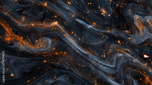 Mystic charcoal twilight marble ink adorned with sparkling tangerine glitters, casting a luminous spell upon the velvety darkness of an abstract cosmos.