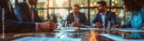 Atmospheric image of a business meeting in progress with focused professionals discussing growth strategies, perfect for training materials on effective communication