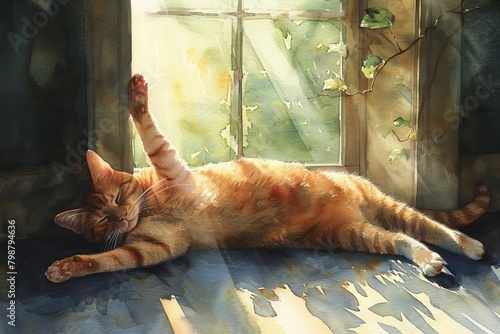 Atmospheric image of a cat lazily stretching in a patch of sunlight near window streaming through a window, highlighting the quiet, slower pace of summer photo