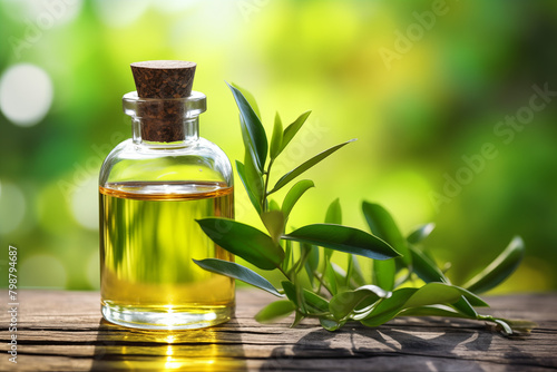A bottle of Tea Tree aromatherapy essential oil on natural background