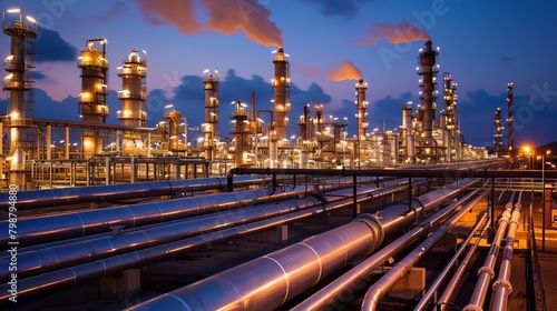 Atmospheric night scene of an oil refinery illuminated by industrial lighting