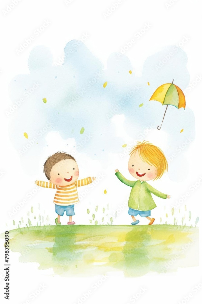 children playing rain watercolor, joyful children playing rain watercolor children playing rain watercolor, joyful children playing rain watercolor