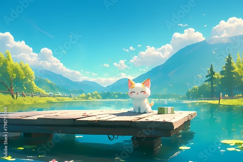 cute cartoon cat in river water photo