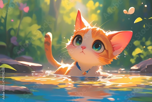 cute cartoon cat in river water photo