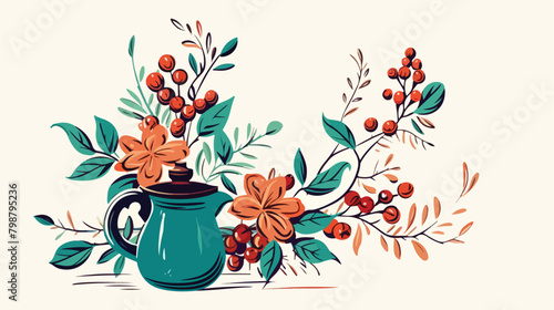 Decorative composition with coffee pot cezve branch photo