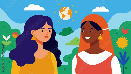 Two women from different cultures and backgrounds find common ground and share their experiences of living in a new country.. Vector illustration