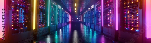 Atmospheric view of a server room with rows of servers illuminated by multicolored blinking lights, showcasing data processing and storage solutions
