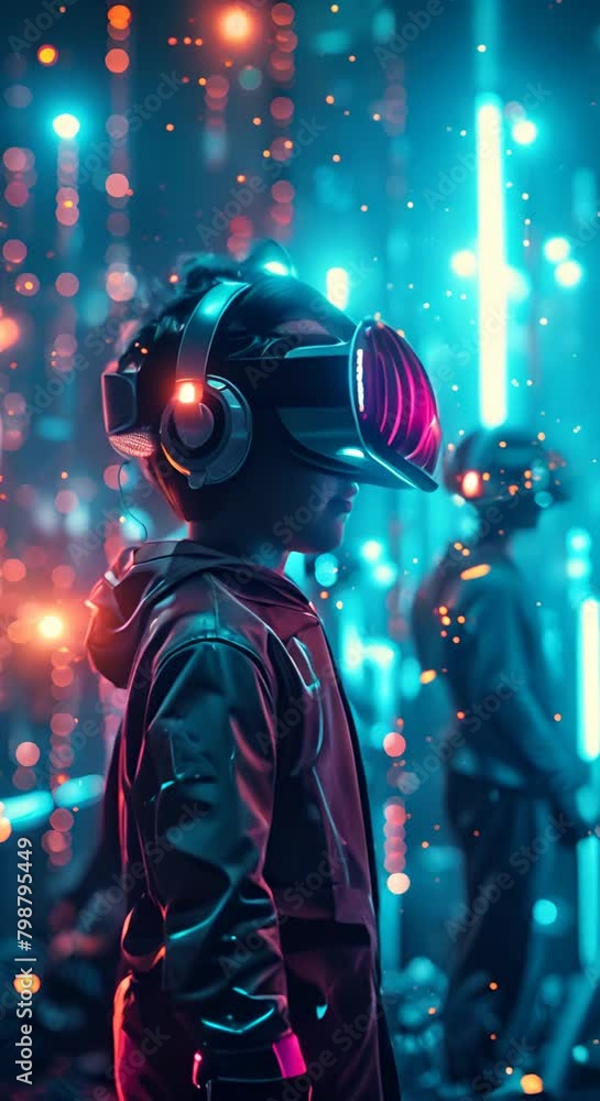 A boy wearing a virtual reality headset is standing in a futuristic city. The city is full of bright lights and tall buildings. The boy is looking at a virtual reality game.
