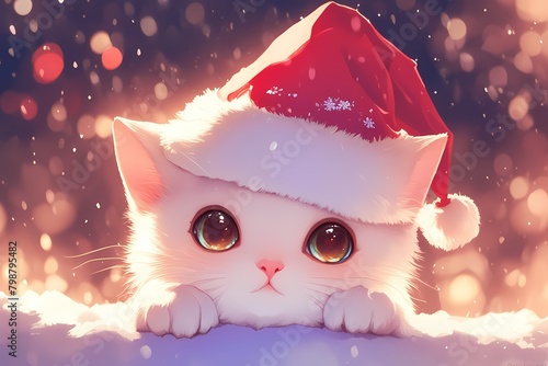 cute cartoon cat wearing christmas hat in the snow photo