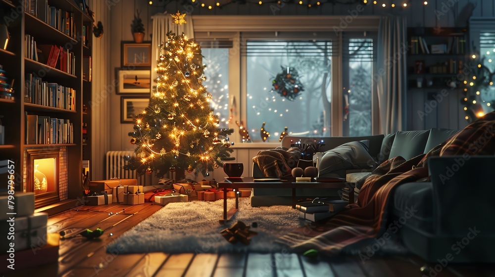 Christmas tree in cozy living room, twinkling lights, evening, wideangle