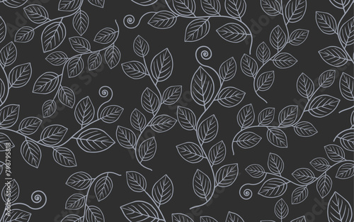 line art floral seamless pattern vintage black white leaf texture retro vector fabric textile paper print wallpaper background