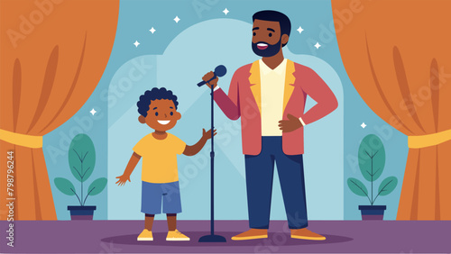 A father and son take the stage together using spoken word to honor their ancestors and the significance of Juneteenth in their familys history.. Vector illustration