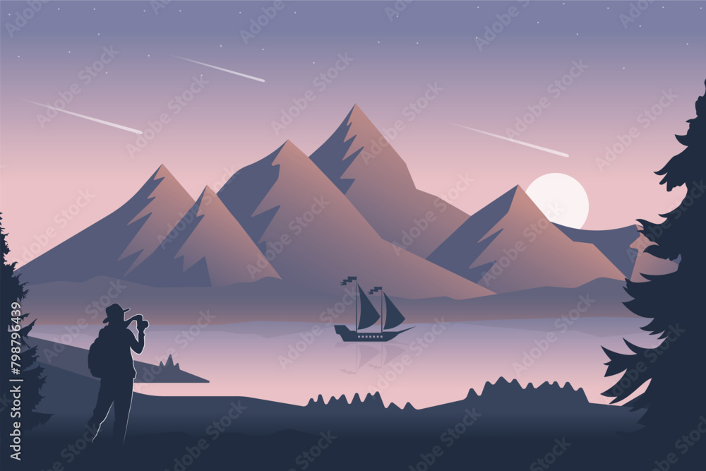 Starfall in the Mountains - Landscape Illustration