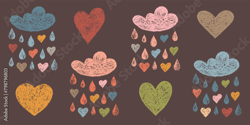 Set of Design Elements Isolated Hand-drawn Clouds with Drops and Hearts of Different Colors. Style of Children's Drawing.