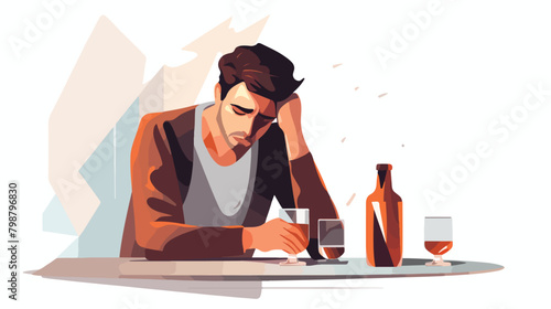 Depressed sad man crying and drinking alcohol. Desp photo