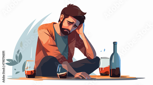 Depressed sad man crying and drinking alcohol. Desp photo
