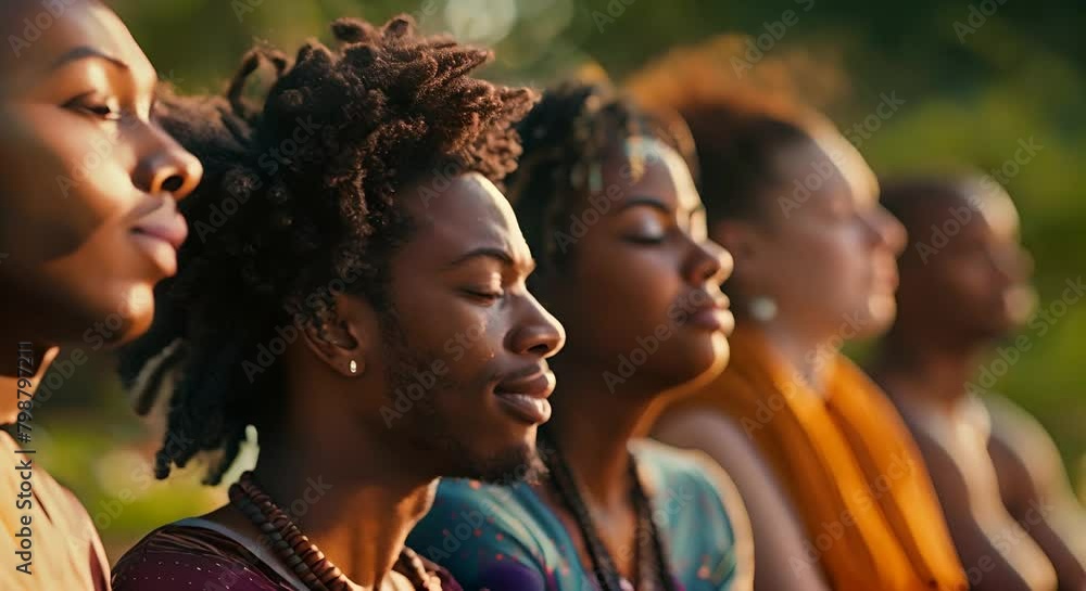 A group of diverse people sitting in a circle with their eyes closed and hands together in a yoga or meditation pose. The background is blurry and looks like a forest. A group of diverse people sitting in a circle with their eyes closed and hands together in a yoga or meditation pose. The background is blurry and looks like a forest.