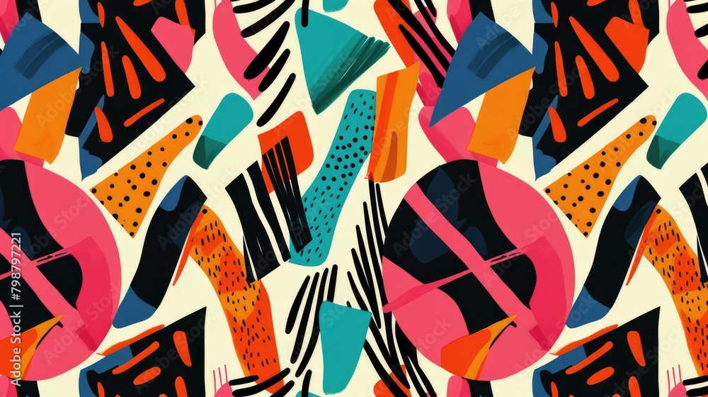 Design a repeating pattern of abstract shapes and lines, reminiscent of the bold graphic prints found on 80's and 90's clothing and textiles. Design a repeating pattern of abstract shapes and lines, reminiscent of the bold graphic prints found on 80's and 90's clothing and textiles.