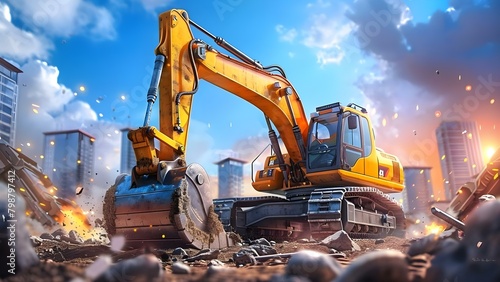 Yellow excavator clearing debris at construction site with heavyduty tools. Concept Construction Equipment, Heavy Machinery, Demolition, Industrial Work, Engineering Works photo