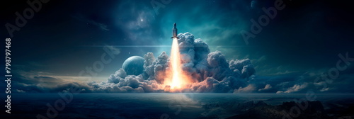 rocket starting its space exploration mission, with the starry sky as a backdrop.