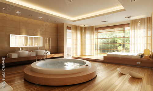 Interior design of a nice modern bathroom Contemporary designed bathroom with a freestanding tub, textured accents, and soft natural lighting. photo