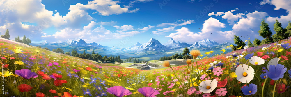 Vibrant meadow filled with an array of wildflowers, creating a cheerful and colorful springtime backdrop. Vibrant meadow filled with an array of wildflowers, creating a cheerful and colorful springtime backdrop.