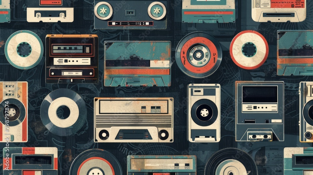 Detail the inclusion of cassette tapes, floppy disks, and other vintage technology icons in a repeating pattern, celebrating the technological innovations of the era. Detail the inclusion of cassette tapes, floppy disks, and other vintage technology icons in a repeating pattern, celebrating the technological innovations of the era.