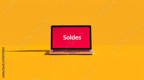 Un ordinateur portable affichant le mot "soldes" dans son écran.