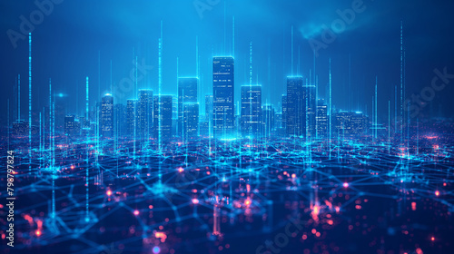 Internet speed Data communication connection network frame Modern industrial skyline city structure, city internet of things concepts wireless technology information system, abstract blue background. 