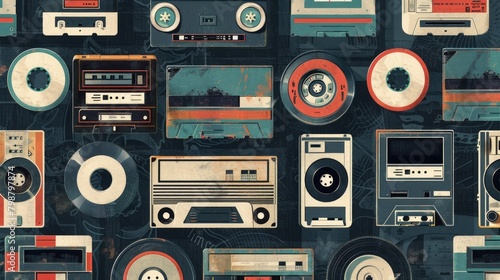 Detail the inclusion of cassette tapes, floppy disks, and other vintage technology icons in a repeating pattern, celebrating the technological innovations of the era.